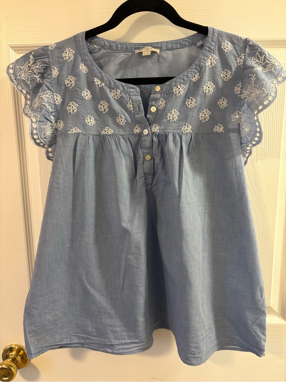 LOFT Light Blue Embroidered Button-Front Top